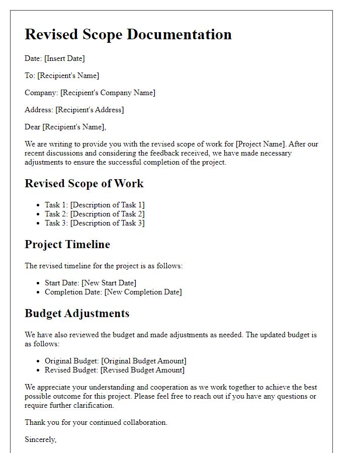 Letter template of contractor revised scope documentation