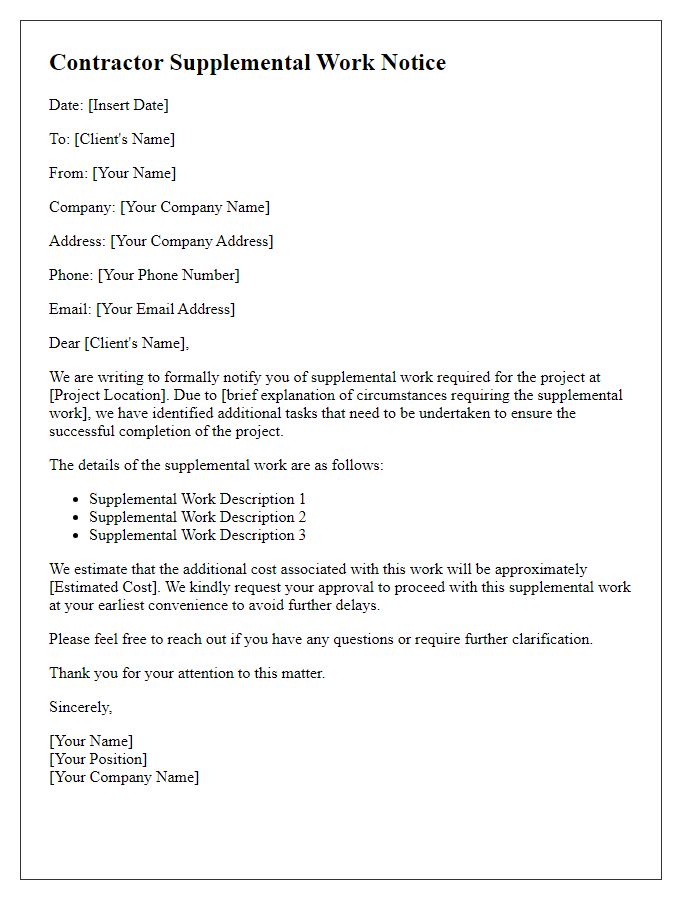 Letter template of contractor supplemental work notice