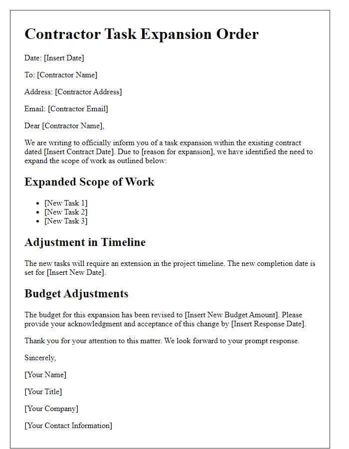 Letter template of contractor task expansion order