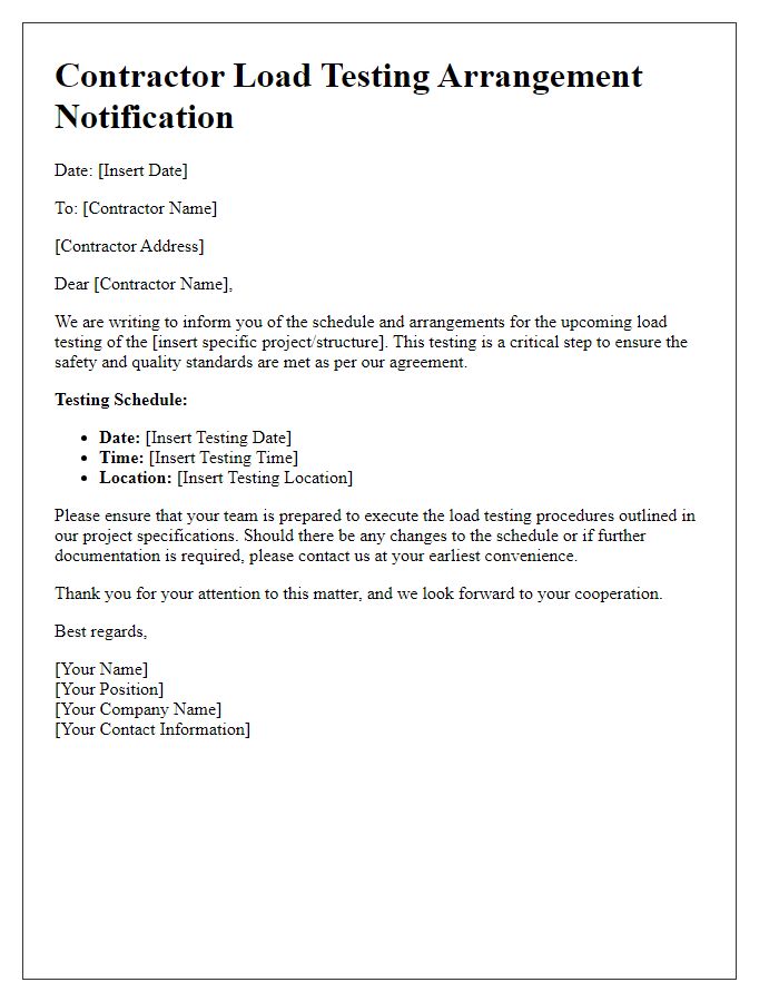 Letter template of contractor load testing arrangement notification