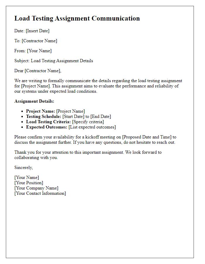 Letter template of contractor load testing assignment communication