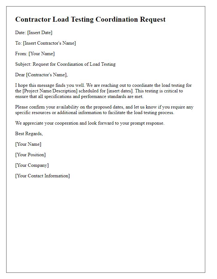 Letter template of contractor load testing coordination request