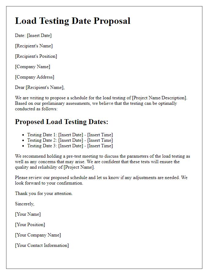 Letter template of contractor load testing date proposal