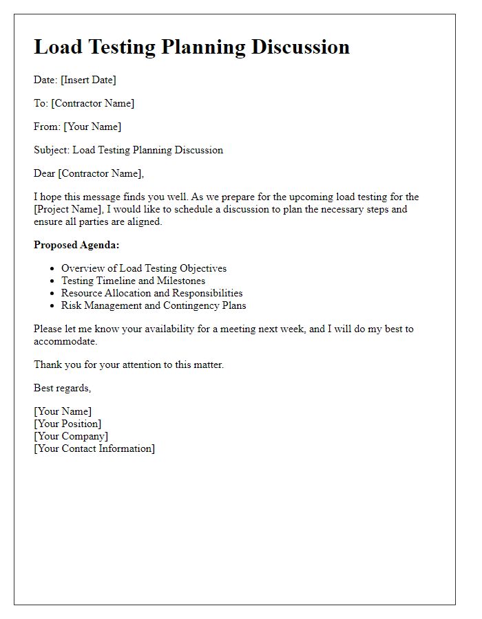 Letter template of contractor load testing planning discussion