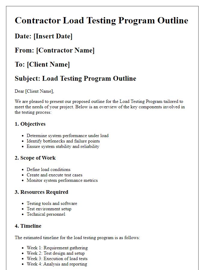 Letter template of contractor load testing program outline