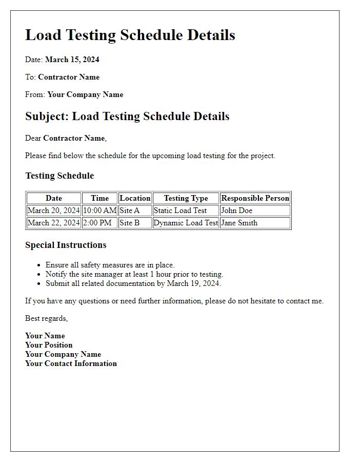 Letter template of contractor load testing schedule details