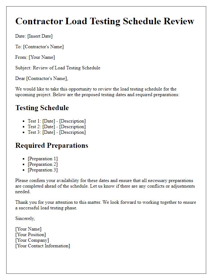 Letter template of contractor load testing schedule review