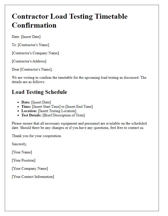 Letter template of contractor load testing timetable confirmation