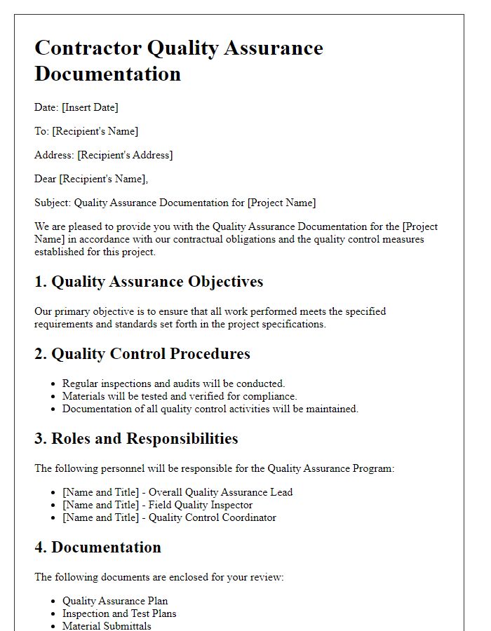 Letter template of Contractor Quality Assurance Documentation