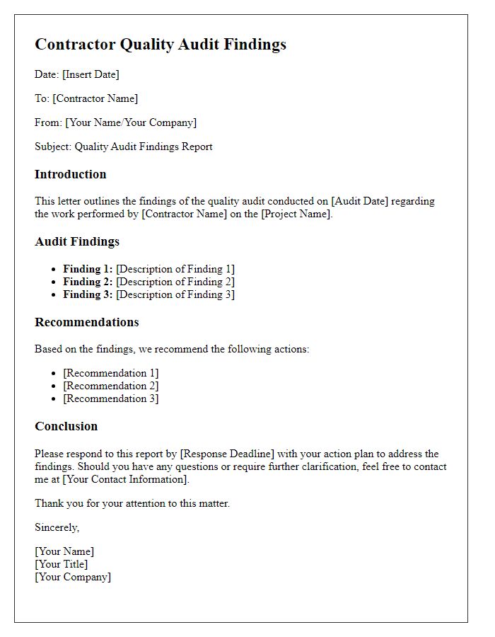 Letter template of Contractor Quality Audit Findings