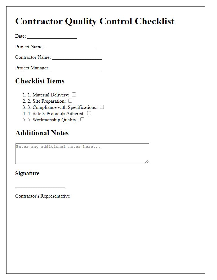 Letter template of Contractor Quality Control Checklist