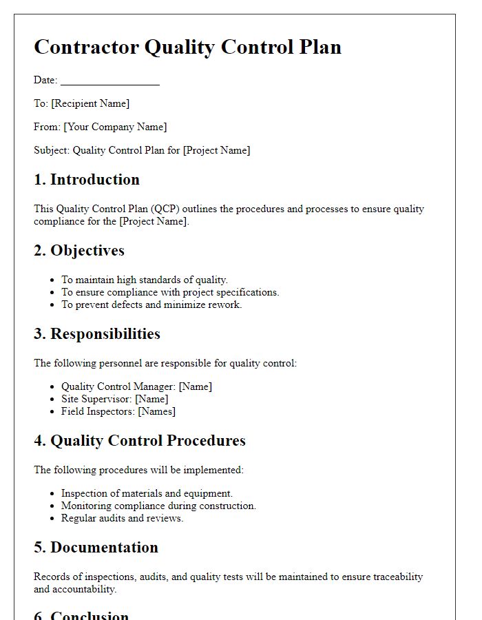 Letter template of Contractor Quality Control Plan