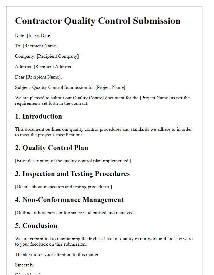 Letter template of Contractor Quality Control Submission