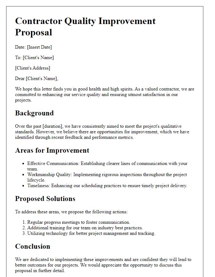 Letter template of Contractor Quality Improvement Proposal