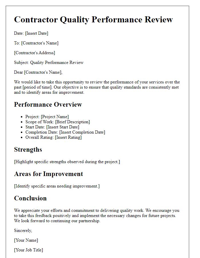 Letter template of Contractor Quality Performance Review