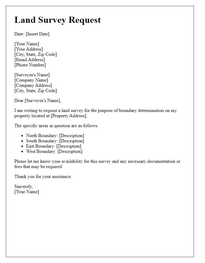 Letter template of land survey request for boundary determination.