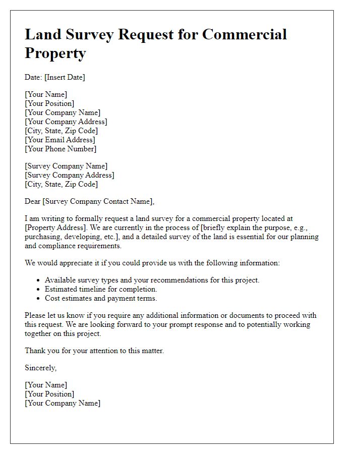 Letter template of land survey request for commercial property.