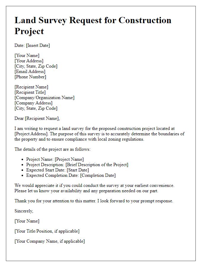 Letter template of land survey request for construction project.