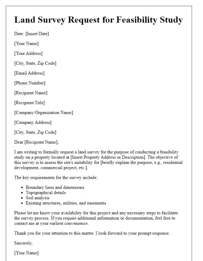 Letter template of land survey request for feasibility study.