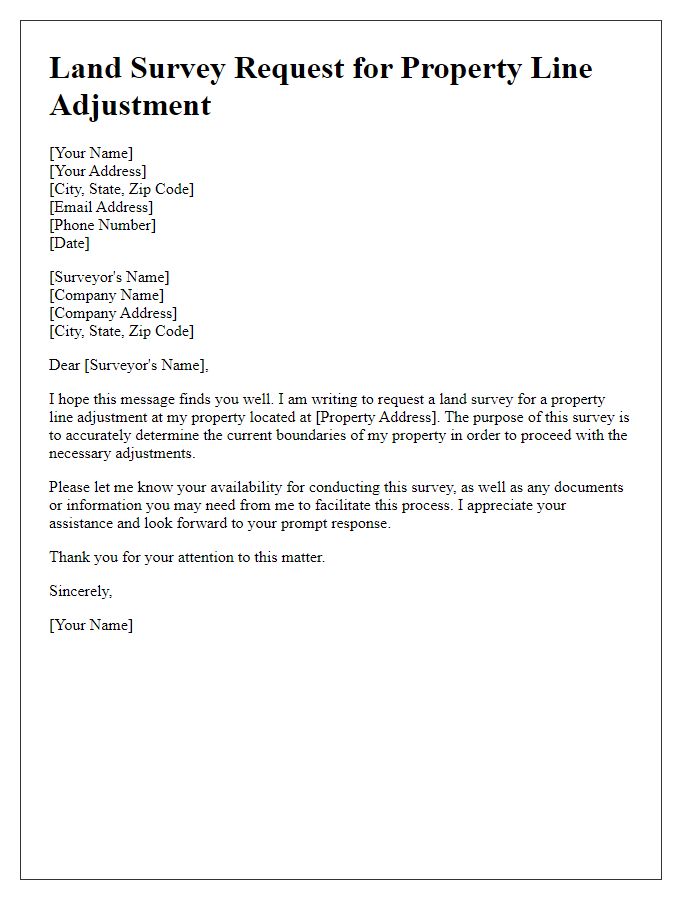 Letter template of land survey request for property line adjustment.