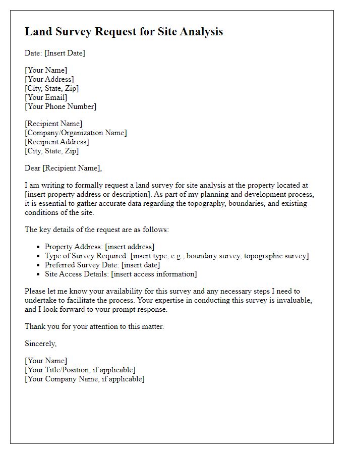 Letter template of land survey request for site analysis.