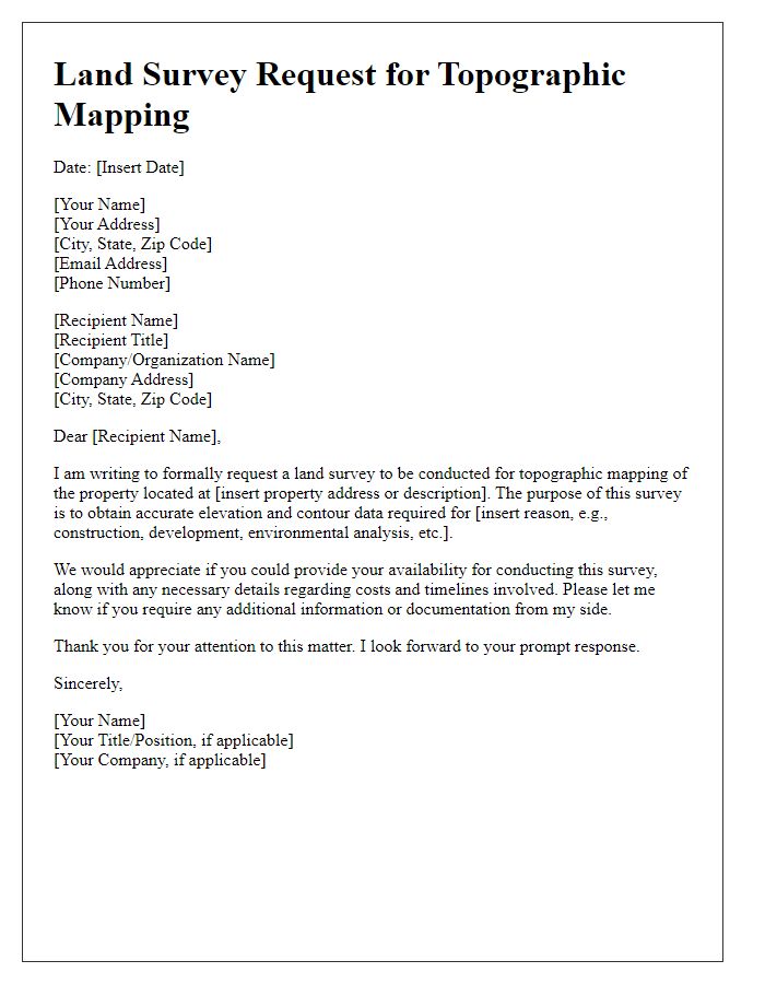 Letter template of land survey request for topographic mapping.