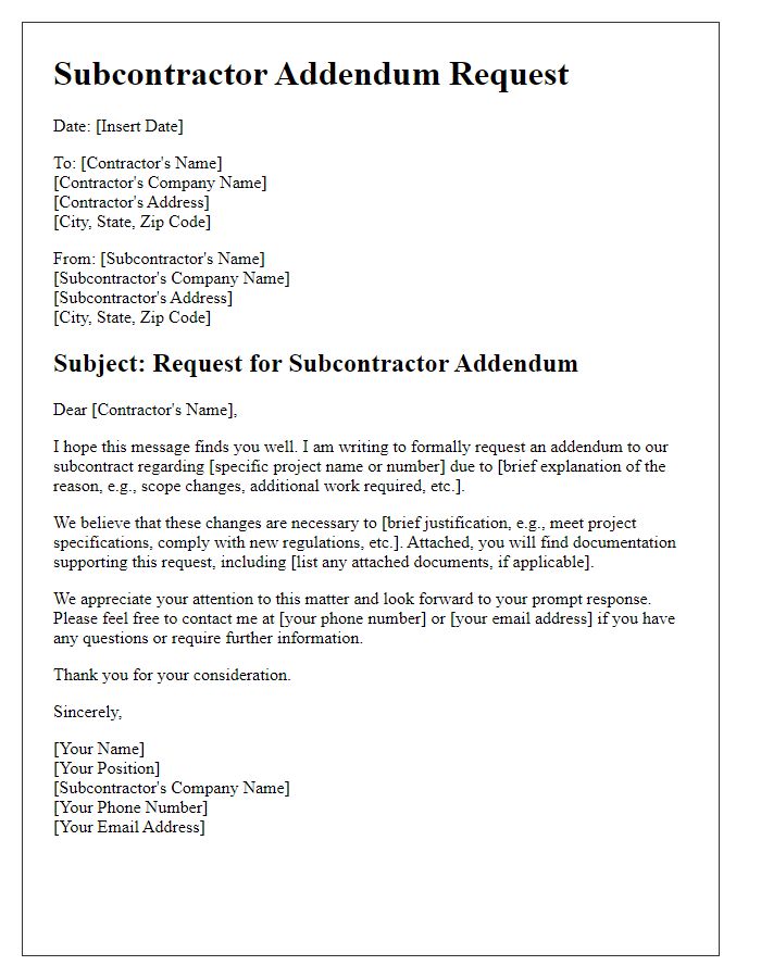 Letter template of contractor subcontractor addendum request