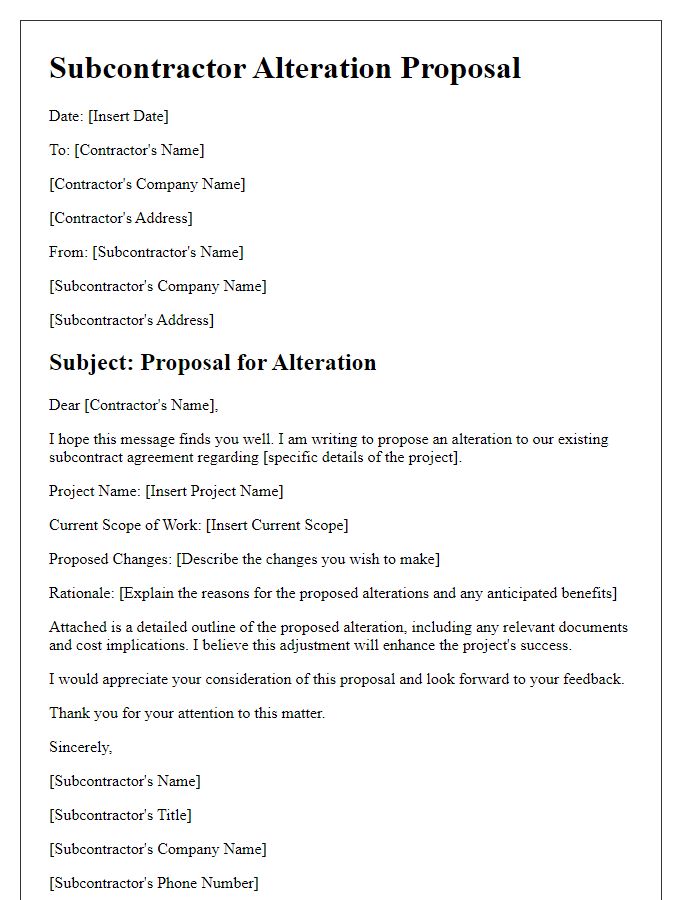 Letter template of contractor subcontractor alteration proposal