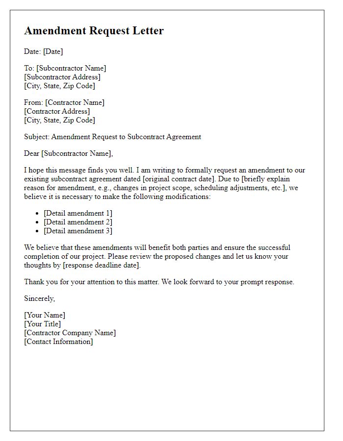 Letter template of contractor subcontractor amendment request