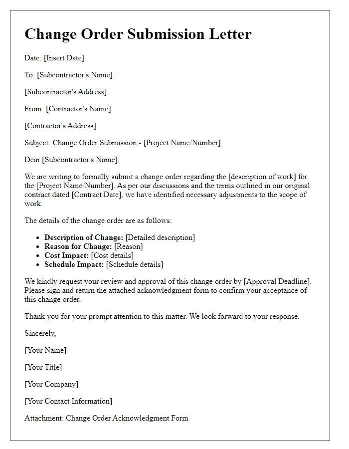 Letter template of contractor subcontractor change order submission