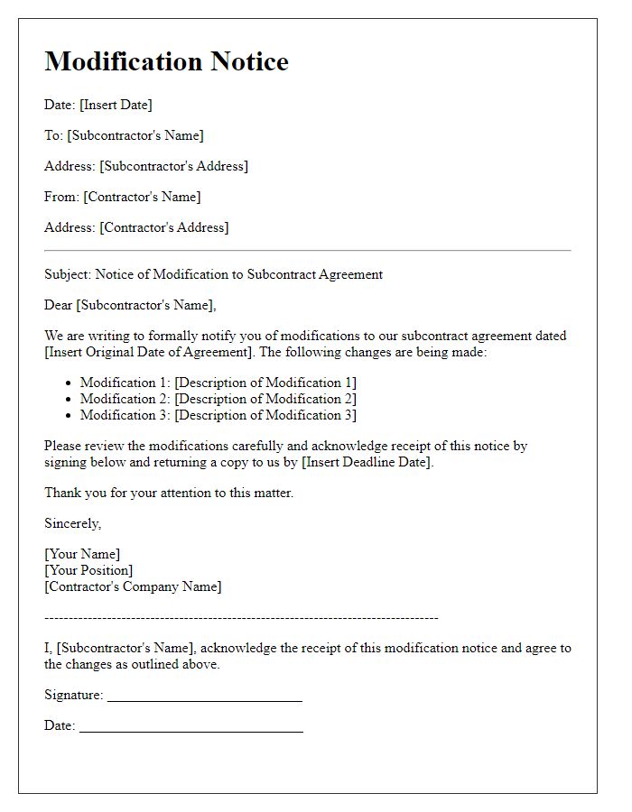 Letter template of contractor subcontractor modification notice