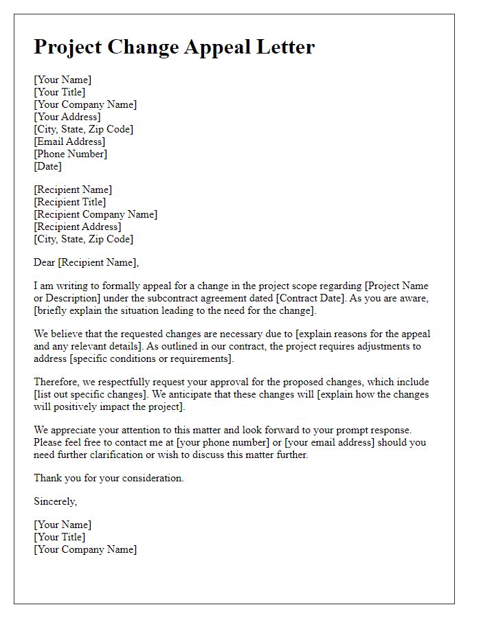 Letter template of contractor subcontractor project change appeal