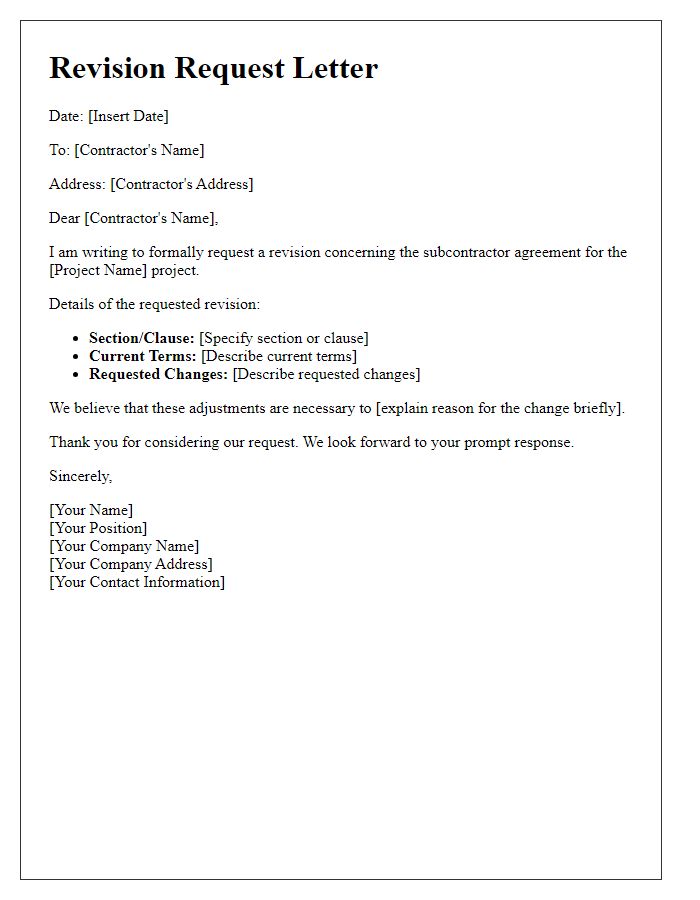 Letter template of contractor subcontractor revision request