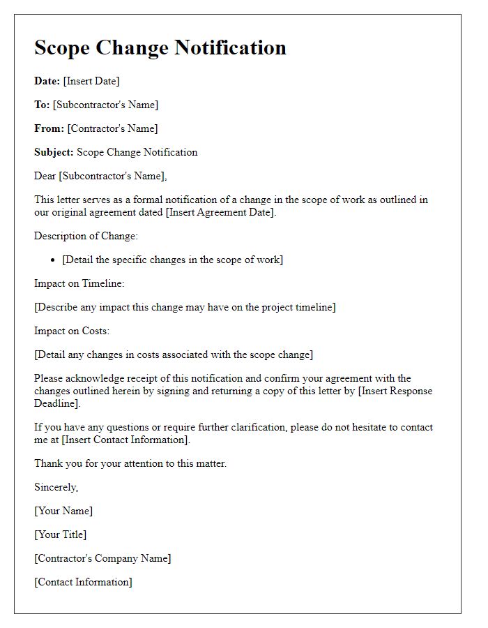 Letter template of contractor subcontractor scope change notification