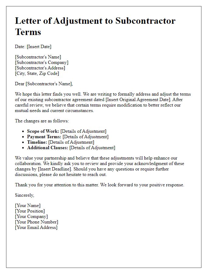 Letter template of contractor subcontractor terms adjustment letter