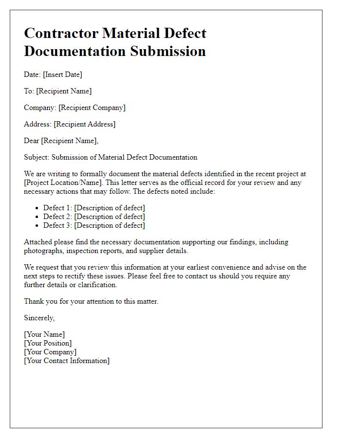 Letter template of contractor material defect documentation submission