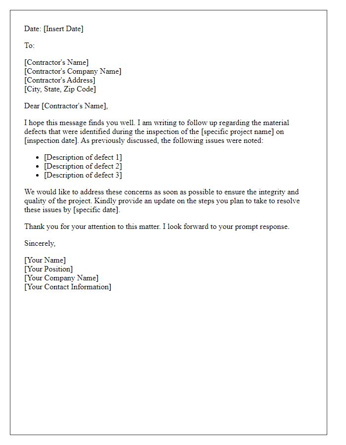 Letter template of contractor material defect follow-up