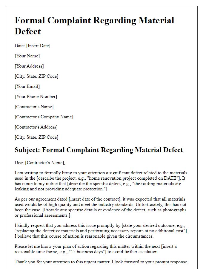 Letter template of contractor material defect formal complaint