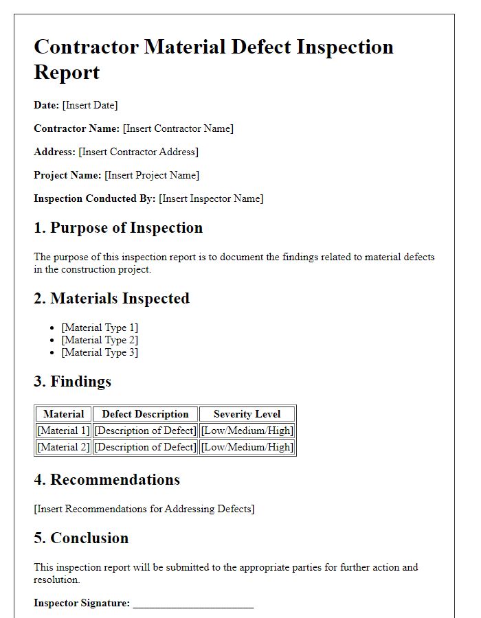 Letter template of contractor material defect inspection report