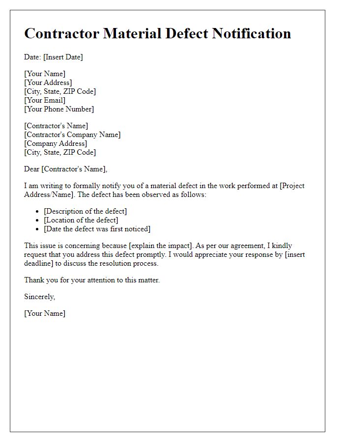 Letter template of contractor material defect notification