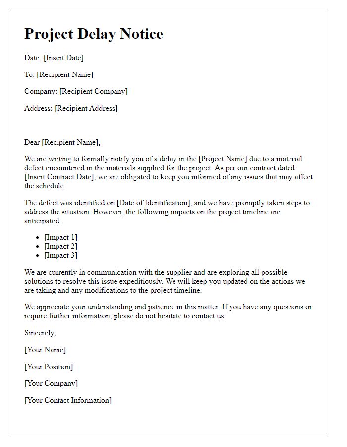 Letter template of contractor material defect project delay notice