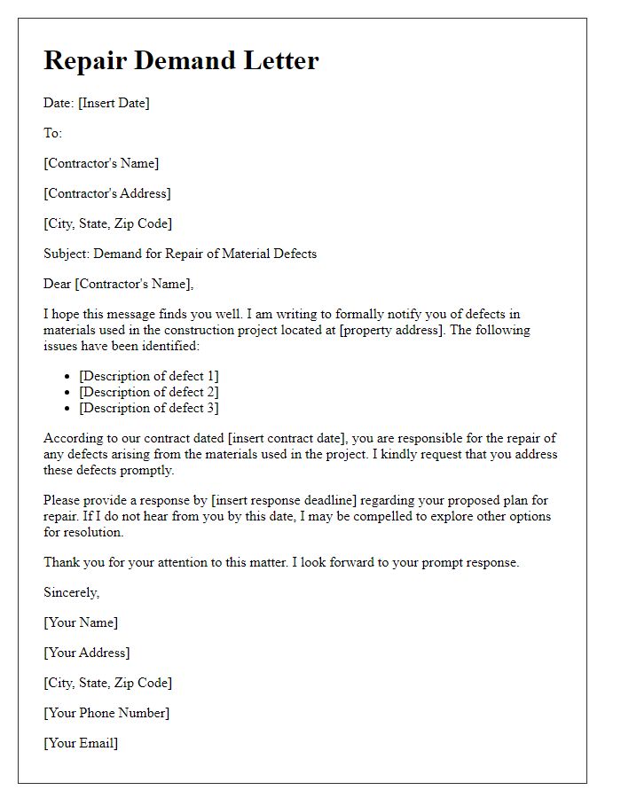 Letter template of contractor material defect repair demand