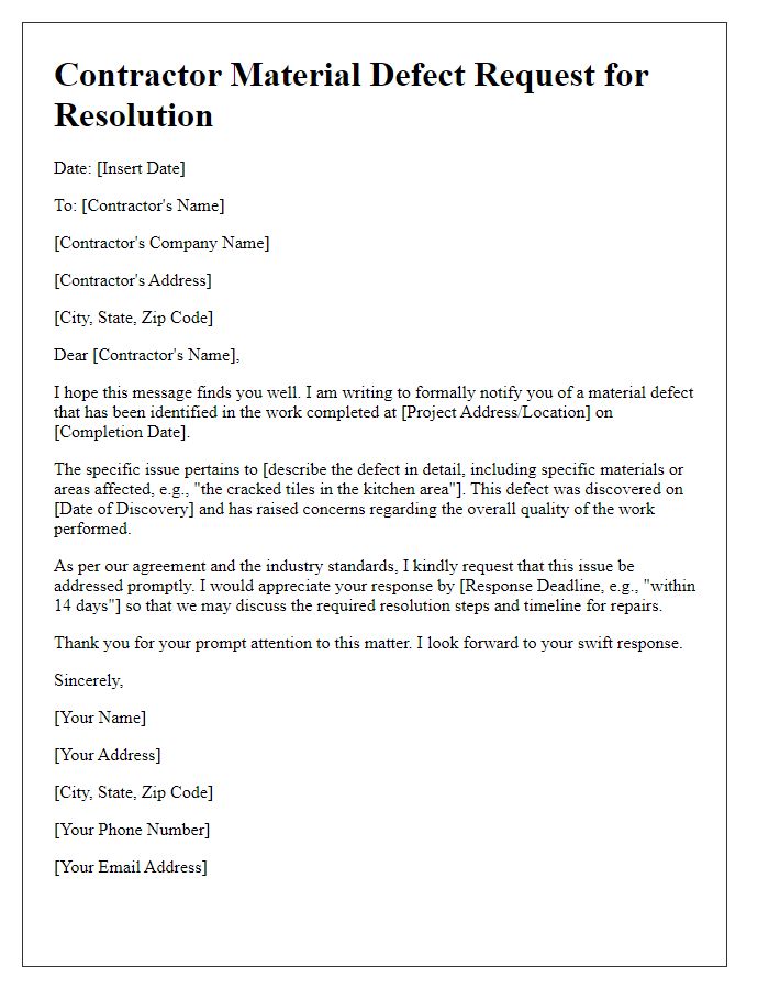 Letter template of contractor material defect request for resolution