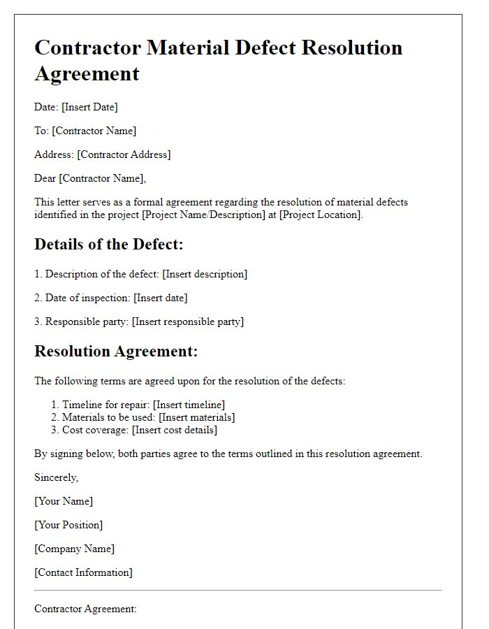 Letter template of contractor material defect resolution agreement