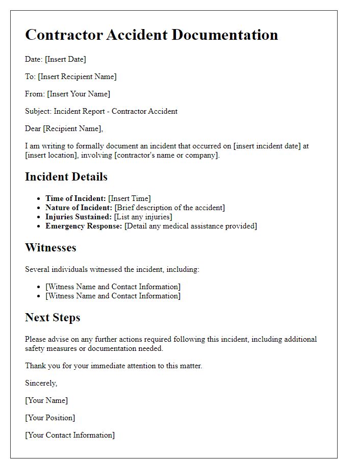 Letter template of contractor accident documentation for workplace incidents