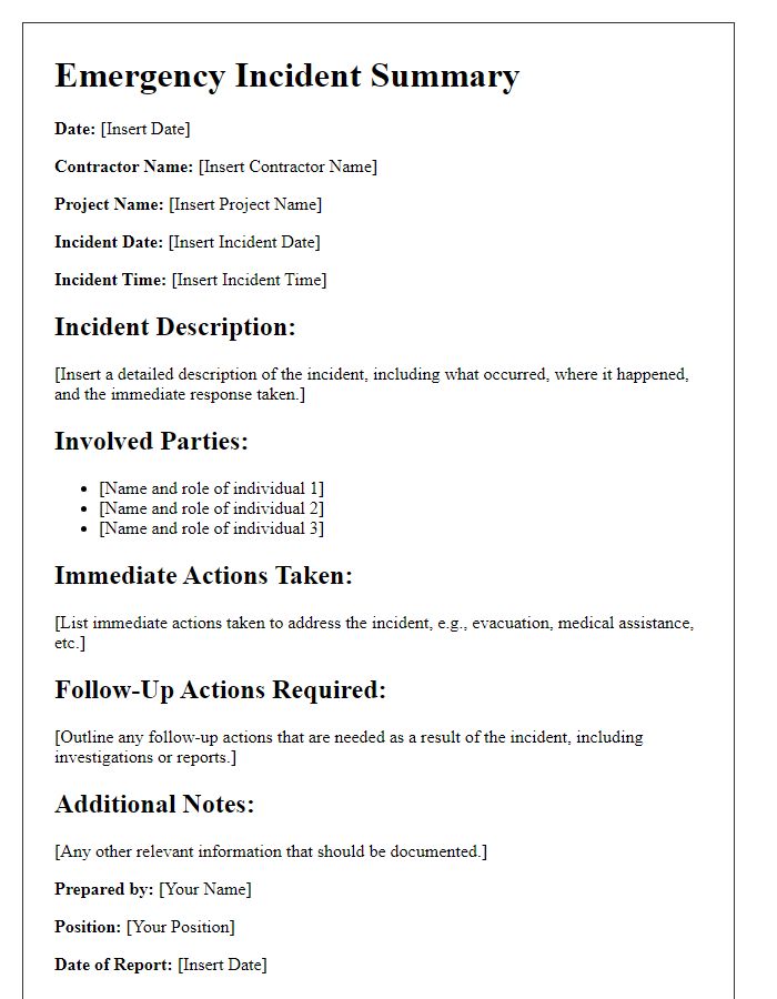 Letter template of contractor emergency incident summary