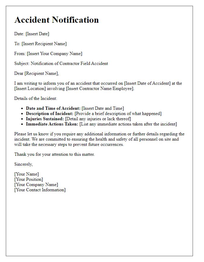 Letter template of contractor field accident notification