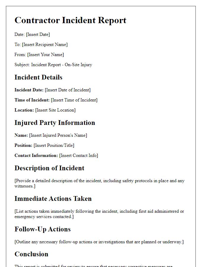 Letter template of contractor incident report for on-site injuries