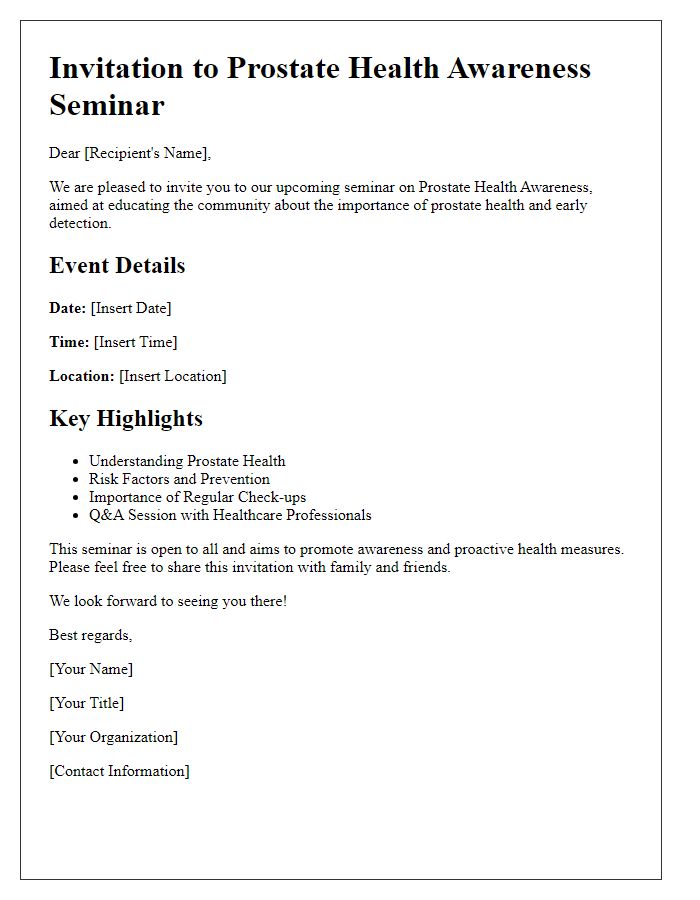 Letter template of prostate health awareness for health seminars and workshops