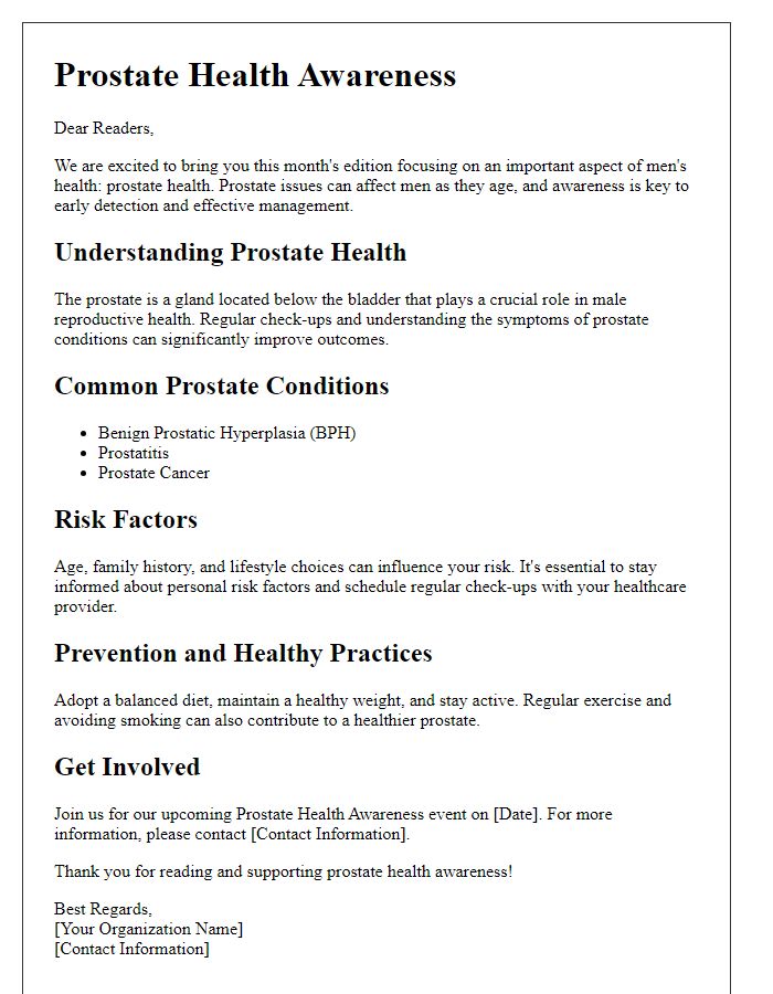 Letter template of prostate health awareness for informative newsletters